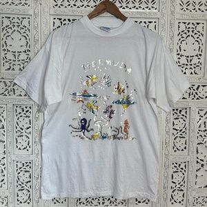 Vintage Davidsons Metallic Fish Nautical Bermuda T Shirt Sz Medium